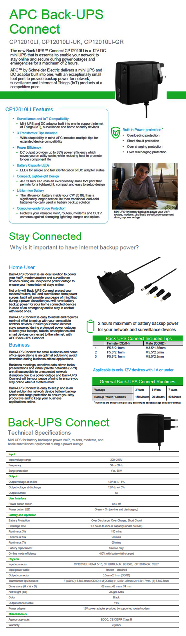 APC CP12010LI 12V DC Mini UPS Power Adapter With Lithium-Ion Battery Backup