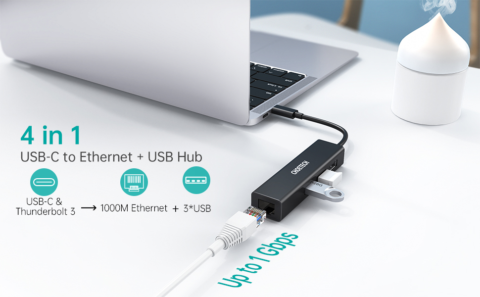 Choetech HUB-U02 USB C To Ethernet Hub w/ 3 Ports USB 3.0