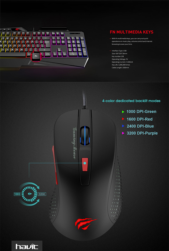 Havit KB852CM backlit keyboard  +  mouse  combo