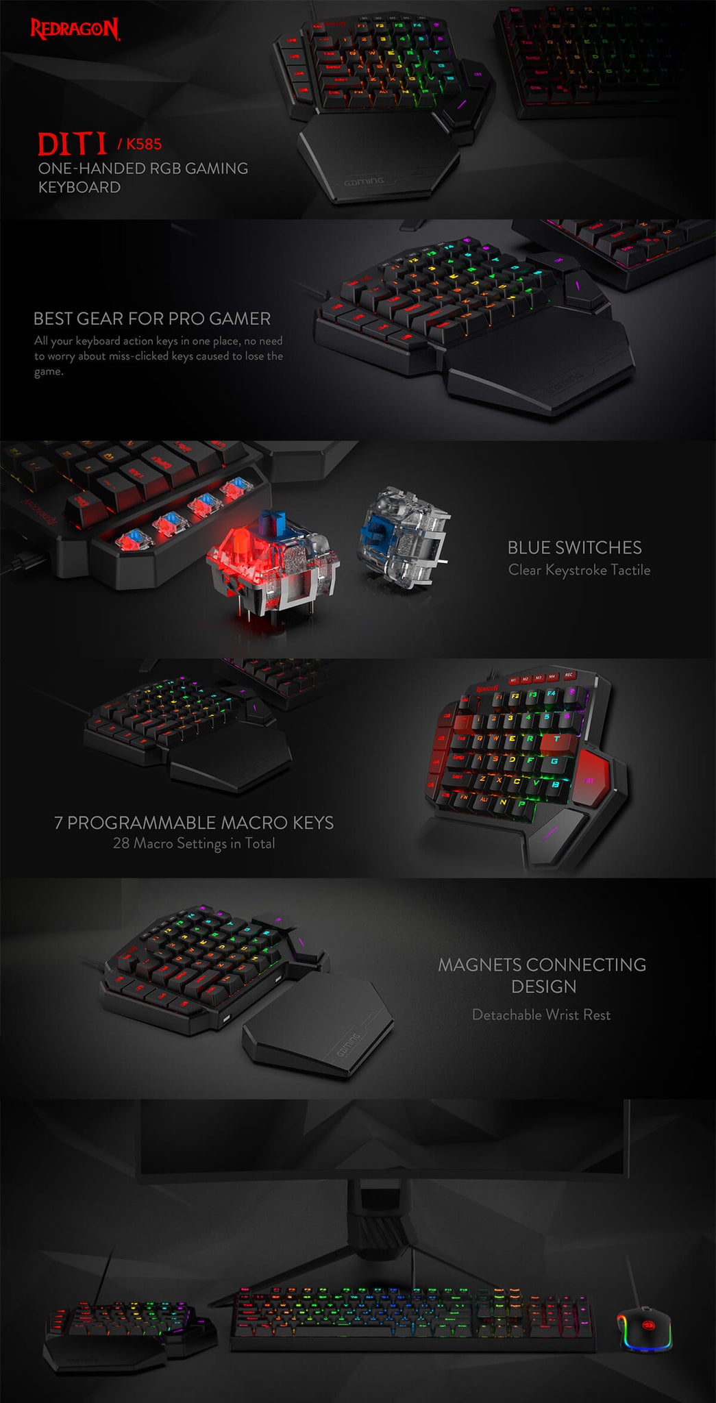 Redragon K585 DITI One-Handed 42 Keys RGB Mechanical Type-C w/ 7 Onboard Macro Keys Detachable Wrist Rest